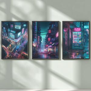 Cyberpunk Japan City Wall Art Bundle, Set of 3 Neon Street Scene Prints, Tokyo Night City Poster Set, Sci-Fi Urban Decor, Digital Download