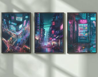 Paquete de láminas de arte mural de la ciudad ciberpunk de Japón, conjunto de 3 láminas de escenas callejeras de neón, conjunto de pósteres de la ciudad nocturna de Tokio, decoración urbana de ciencia ficción, descarga digital.