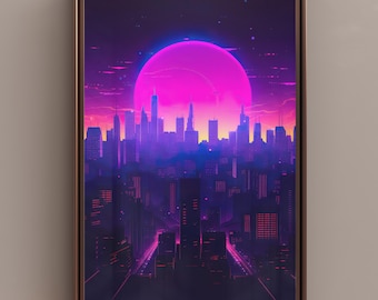 Pôster Synthwave City Print, Arte de Parede Futurista de Ficção Científica, Pôster de Paisagem Urbana Neon, Download Digital, Decoração Retrowave