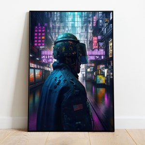 Cyberpunk Soldier Wall Decor Digital Art Print Sci-Fi Art High-Resolution Digital Art Futuristic Urban Wall Art Poster Print