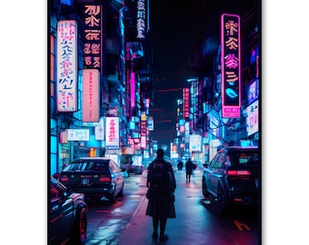 Printbare cyberpunk muurdecoratie, neon stad poster, synthwave nachtstad print, futuristische sci-fi straatkunst, digitale download, kamerdecoratie