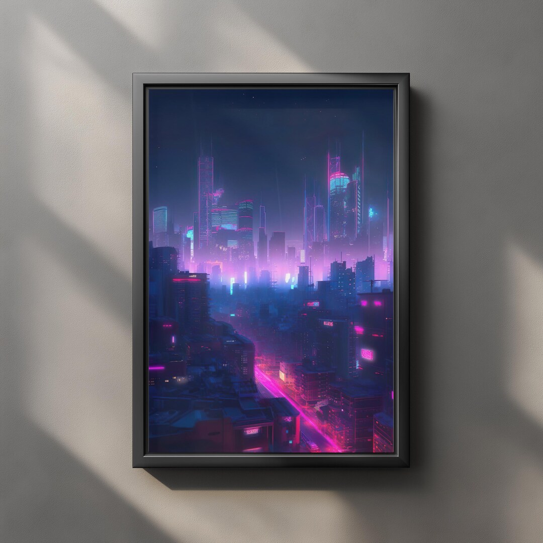Cyberpunk Neon City Skyline Poster, Futuristic Night Cityscape Wall Art ...