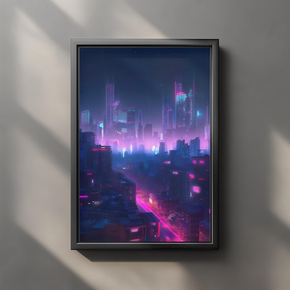 Cyberpunk Neon City Skyline Poster, Futuristic Night Cityscape Wall Art, Synthwave Urban Sci-Fi Print, Vaporwave Decor, Digital Download