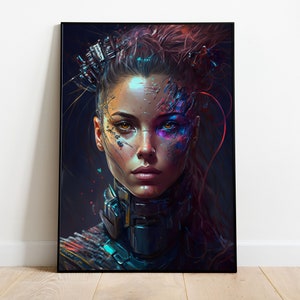 Cyberpunk mulher retrato impressão de arte digital arte de ficção científica arte digital de alta resolução futurista cyborg rosto decoração de parede cartaz moderno