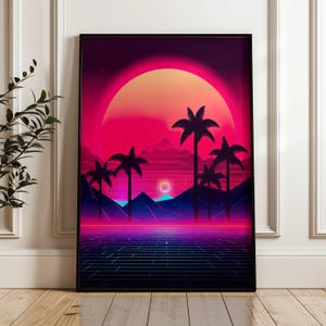 Retro Synthwave Sunset Wall Decor Digital Art Print Sci-Fi Art High-Resolution Digital Art Palm Trees Wall Art Poster Print