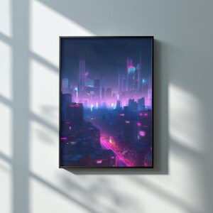 Cyberpunk Neon City Skyline Poster, Futuristic Night Cityscape Wall Art, Synthwave Urban Sci-Fi Print, Vaporwave Decor, Digital Download image 5