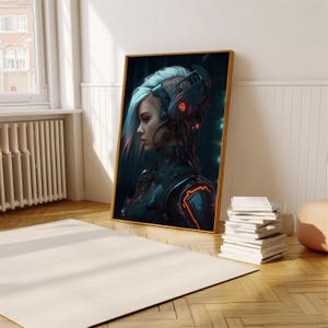 Cyberpunk Cyborg Woman Digital Print Futuristic Sci-Fi Wall Decor Neon Art Retro-Futurism