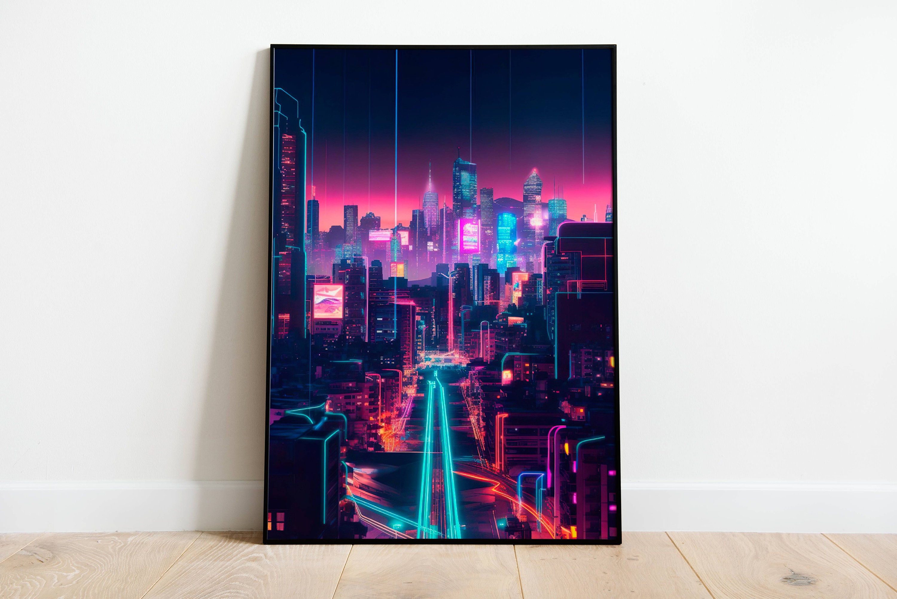 Synthwave Neon City Poster, Futuristic Skyline Wall Art, Cyberpunk ...