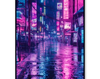 Cyberpunk Neon Stadsstraat Poster, Futuristisch Nachtelijk Stadsgezicht Muurdecoratie, Synthwave Urban Sci-Fi Print, Digitale Download Decoratie