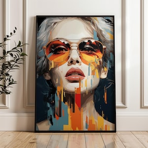 Abstract Modern Retro Woman Face Sunglasses Wall Decor Digital Art Print Pop Art High-Resolution Digital Art Wall Art Poster Print