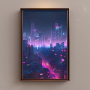 May include: Framed artwork depicting a futuristic cityscape at night. The image features tall buildings illuminated with neon pink, purple, and blue lights. A road with pink lights runs through the city, creating a vibrant, urban scene.