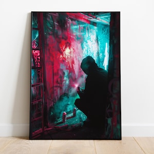 Cyberpunk Cartel Arte Digital Spray Graffiti Escena Luces de Neón Arte de Pared Urbano Futurista Cyberpunk Impresión Digital Decoración Descargar