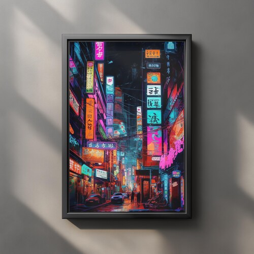 Cyberpunk Neon Japan Street Poster, Futuristic Tokyo Night City Wall Art, Synthwave Urban Sci-Fi Print, Digital Download Decor