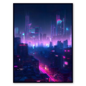 Cyberpunk Neon City Skyline Poster, Futuristic Night Cityscape Wall Art, Synthwave Urban Sci-Fi Print, Vaporwave Decor, Digital Download image 2
