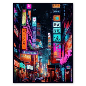 Poster Cyberpunk Neon Japan Street, arte murale futuristica della Tokyo notturna, stampa Synthwave Urban Sci-Fi, decorazione digitale scaricabile
