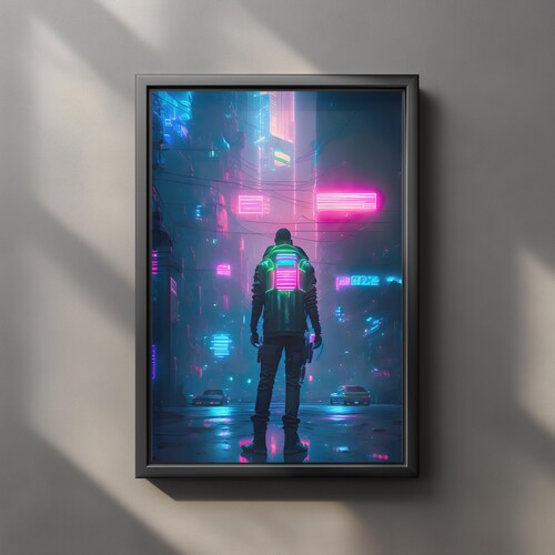 Cyberpunk Neon City Poster, Futuristic Back View Character Wall Art, Sci-Fi Urban Night Scene Print, Gaming Room Decor, Digital Download