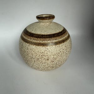 May include: A speckled, round ceramic vase with a small opening at the top. The vase features two dark brown bands around the middle and a speckled off-white base. The vase has a classic, minimalist design.