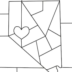 May include: A black and white line drawing of the state of Nevada divided into geometric segments. A heart shape is positioned within one of the segments on the left side of the state outline. The design features clean, bold black lines.