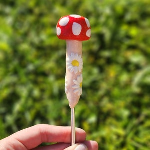 Mushroom handsculpted clay crochet hook made to order