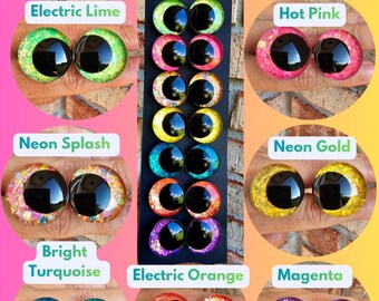 Individual pairs - Neon Explosion Collection. One item is a quantity of 2 eyes Handpainted Glitter Sinker Safety Eyes Amigurumi Crochet