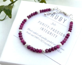 Ruby bracelet, July bracelet, Gemstone bracelet, Recycled silver bracelet , July birthday gift, Gift for her, July birthstone bracelet