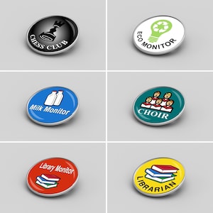 School Badges Packs Of 6, Chess Badge, Milk Monitor Badge, Choir Badge, Librarian Badge, Librarian Monitor Badge, High Quality Badges