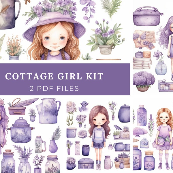 Junk Journal, Cottage Girls, Kit, Shabby, Children, Country, Little Girl, Granddaughter, Purple, Printable, Digital Download