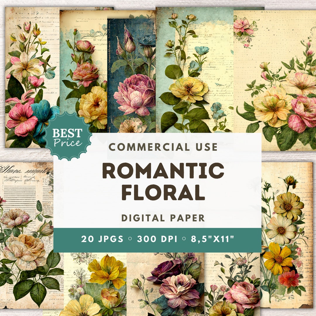 50 Romantic Wildflowers Printable Paper Seamless Shabby Chic Digital ...