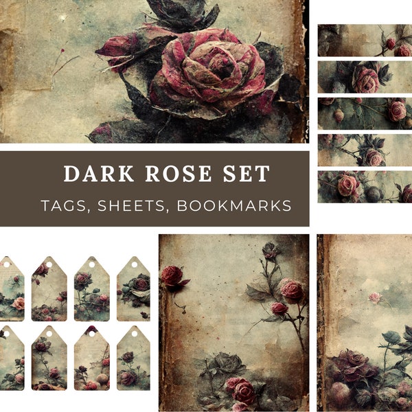 Dark Grunge Rose , Junk Journal Paper, Printable Journal Pages, Digital Papers, Scrapbook Paper, Collage Papers, Gothic Rose, Bookmark, Tags