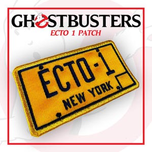 May include: Embroidered patch featuring the Ghostbusters logo and the text "ECTO 1 PATCH." The patch is shaped like a yellow New York license plate with "ECTO-1" and "NEW YORK" in black lettering. The patch has a black border.
