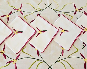 Hand-embroidered cotton tablecloth (130 x 250 cm) with matching napkins - rectangular tablecloth, cotton tablecloth