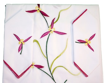 hand-embroidered cotton tablecloth (130 x 250 cm) with matching napkins - rectangular tablecloth, cotton tablecloth