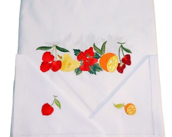 embroidered white tablecloth with matching napkins | Bouquets de fruits - hand-embroidered with fruit motifs - 100% cotton