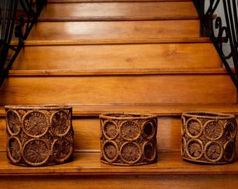 3 decorative storage baskets with macrame elements, wicker basket, round basket, decorative basket woven from raffia, African style - handmade