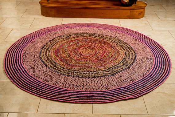 Runder Teppich aus Raffia in Handarbeit geflochten, reine Naturfasern, Bast Teppich, 200 cm Durchmesser, Violett