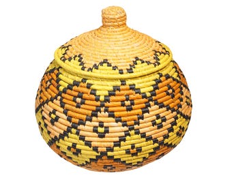 Korb m. Deckel aus Bast, dekorativer Korb, Aufbewahrungskorb, runder Korb aus Naturmaterialien, Aufbewahrungsgefäß m. Deckel - handgefertigt