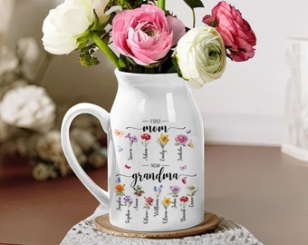 First Mom Now Grandma Flower Vase, Custom Nana Birth Month Flower Vase, Mimi's Garden Gift, Birthflower Ceramic Vase Jug, Mother's Day Gifts