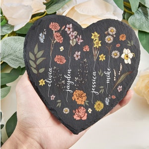 Grandma's Garden Stone, Mother's Day Gift, Personalized Birth Flower Gift, Heart Stone With Kid Name & Birth Month, Grandma Birthday Gift