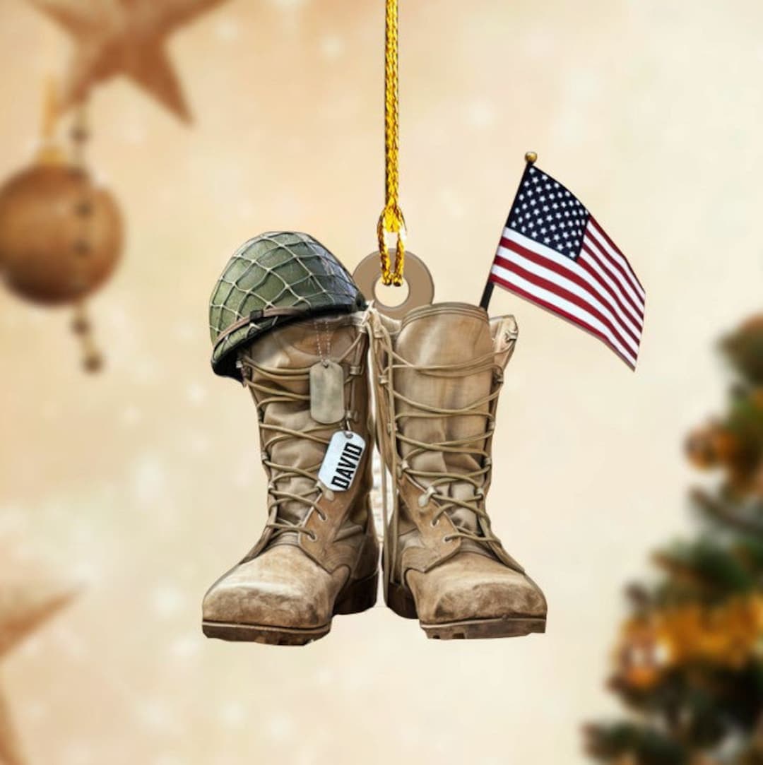 Personalized Veteran Boots Hat and Flag Christmas Ornament, Custom