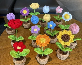 Handmade Crochet Flower Pot, Knitted Sunflower/Rose/Tulip Flower, Crochet Potted Plants, Eternal Flower, Gift For Her, Mother's Day Gift