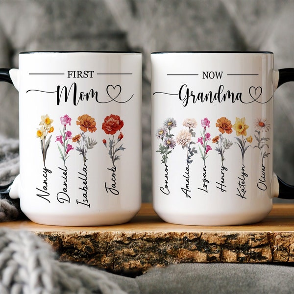 First Mom Now Grandma Ceramic Mug, Custom Nana Birth Month Flower Mug, Grandma's Garden, Kids Birthflower Cup, Mother's Day Gift For Grandma