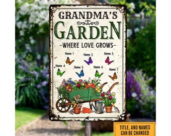 Grandma's Garden Where Love Grows Metal Sign, Nana Metal Sign With Kids Name & Butterflies, Custom Grandkids Name Sign, Mother's Day Gift