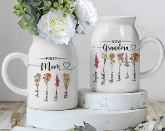 First Mom Now Grandma Flower Vase, Custom Nana Birth Month Flower Vase, Nana's Garden Gift, Birthflower Ceramic Vase Jug, Mother's Day Gifts