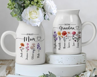 First Mom Now Grandma Flower Vase, Custom Nana Birth Month Flower Vase, Nana's Garden Gift, Birthflower Ceramic Vase Jug, Mother's Day Gift