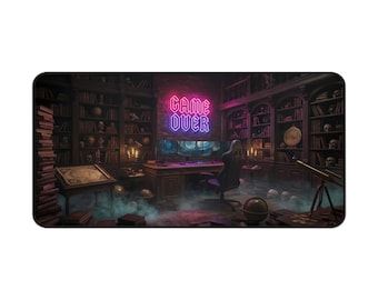 Kopie van Neon Game Over bureauonderlegger, Retro Cyberpunk Gaming muismat, Grote Synthwave bureauonderlegger, Gamerkamer decoratie, Nerd toetsenbordmat