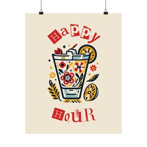 Poster verticale opaco Happy Hour (16X20 pollici), arte murale vintage per cocktail, decorazione da bar, decorazione per feste, regalo per gli amanti delle bevande, arte con atmosfera estiva
