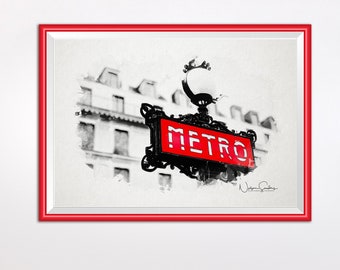 DIGITAL DOWNLOAD Watercolor Paris France wall Art, Paris Metro Sign, Red Paris Metro Print, Metro Sign, Metro Photo, Art Deco, Paris Print