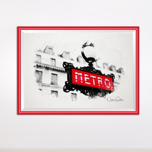DIGITAL DOWNLOAD Watercolor Paris France wall Art, Paris Metro Sign, Red Paris Metro Print, Metro Sign, Metro Photo, Art Deco, Paris Print