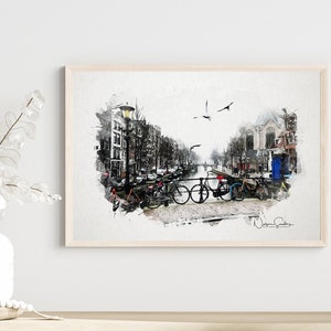 Canals of Amsterdam, Water Color, Black & White,  Netherlands Canals, Amsterdam wall art, Amsterdam Architecture, Amsterdam Wall Print