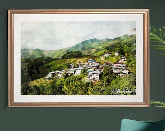 Watercolor Myanmar Wall Art, Kalaw Mountain View